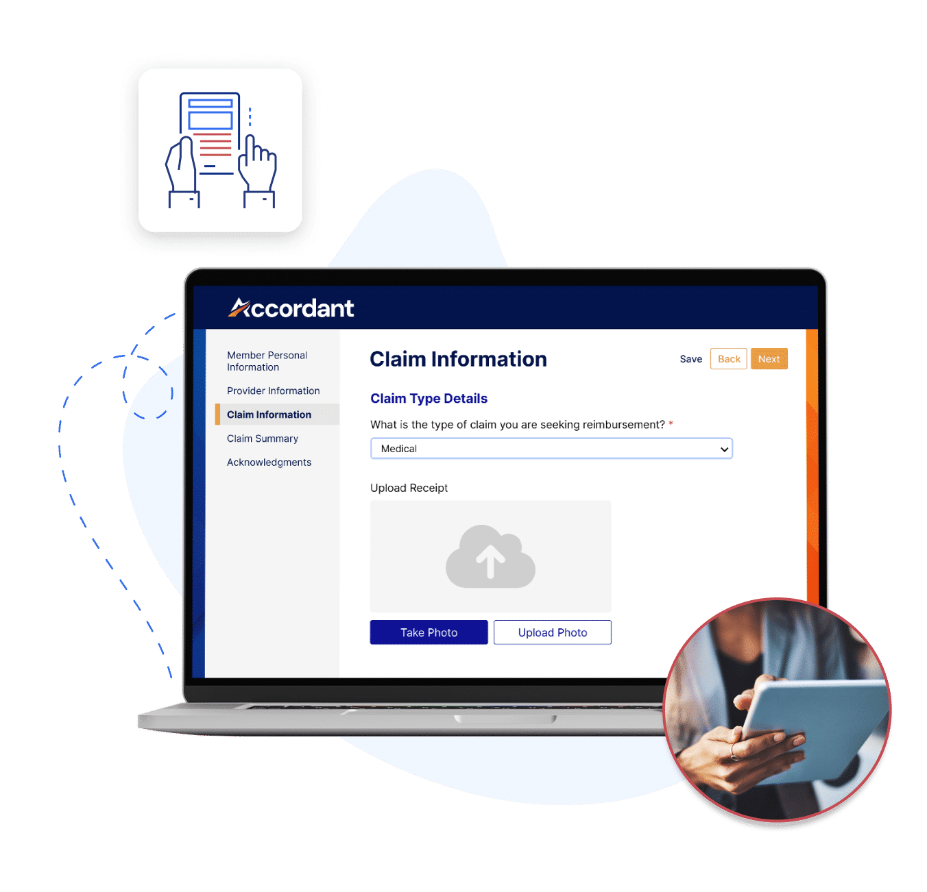 Image of laptop with Accordant software on the screen and a small image of a woman holding a tablet.