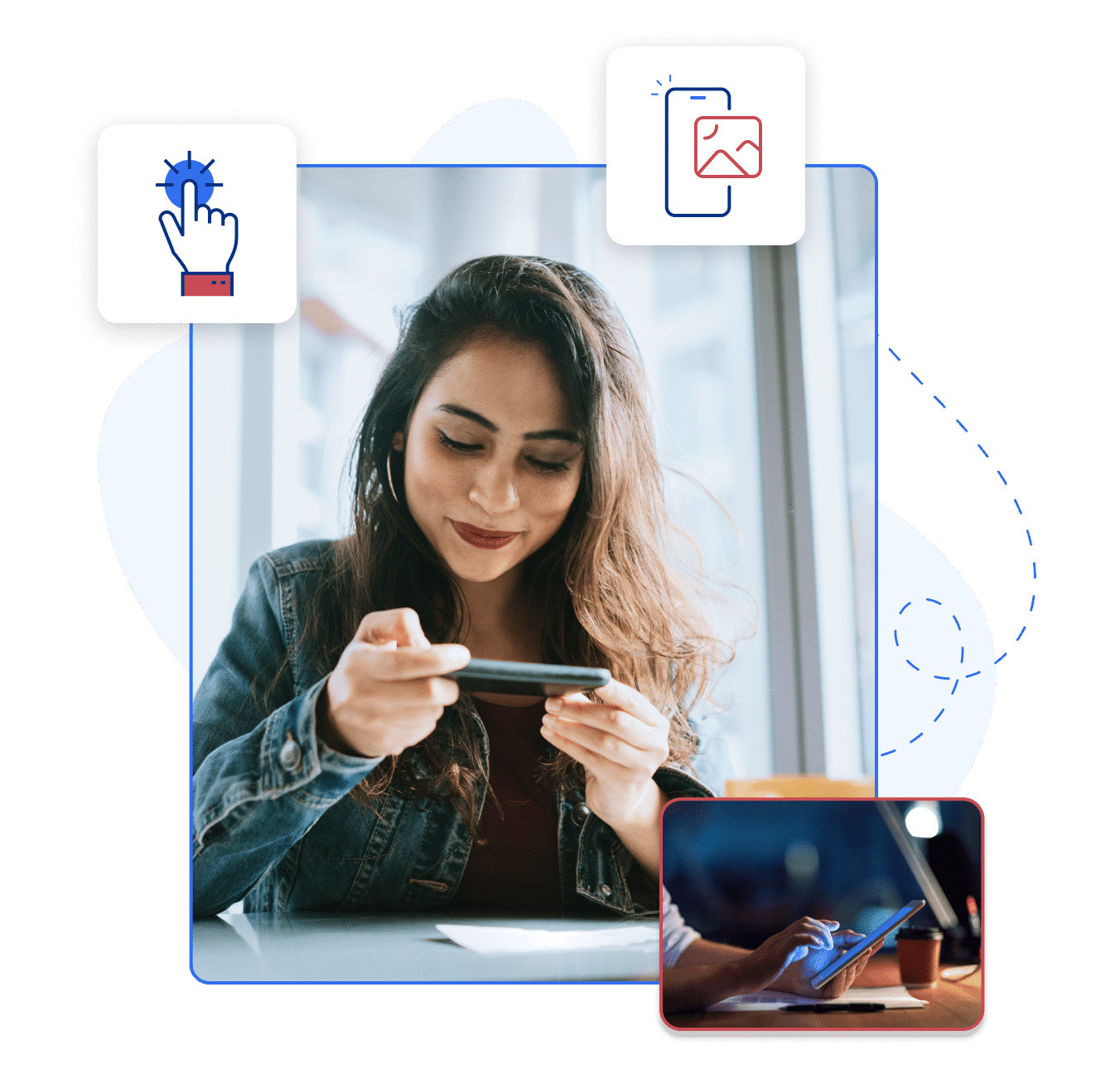 Image of a young woman looking at her phone and another image overlaid on the bottom of a hand touching a screen