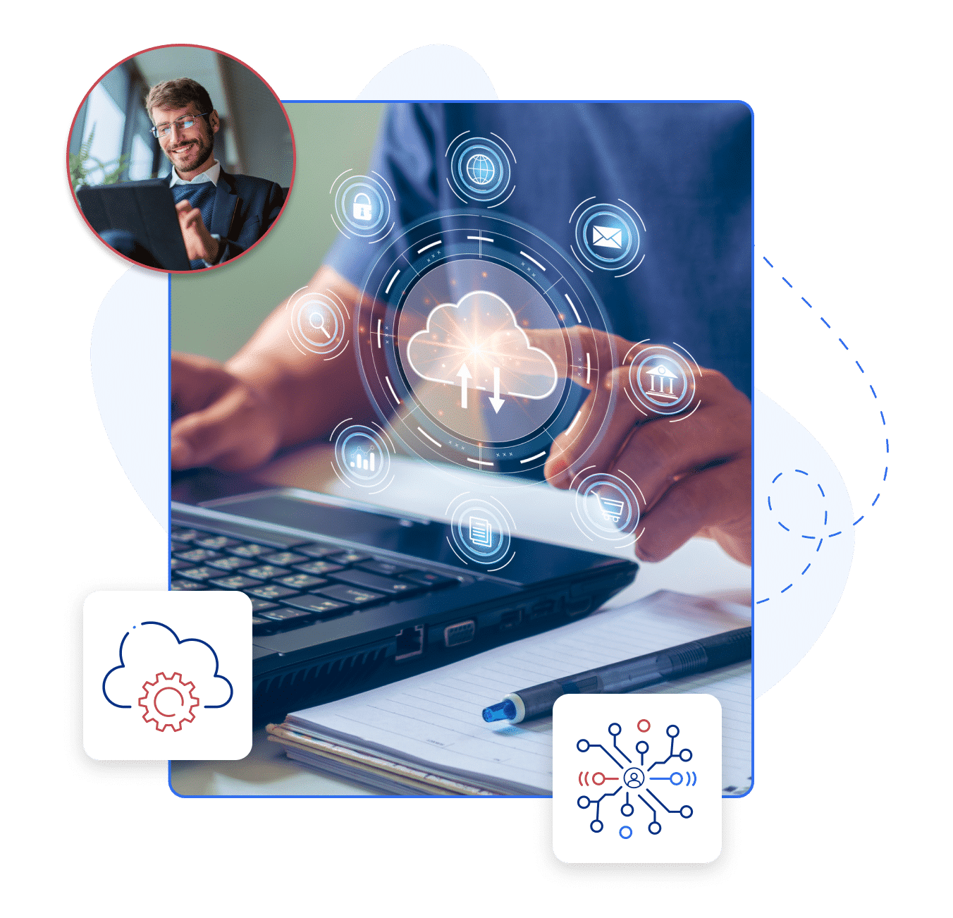 Image of a young man looking at a laptop overlaid on an image of a cloud graphic and a laptop keyboard with someone clicking the graphic